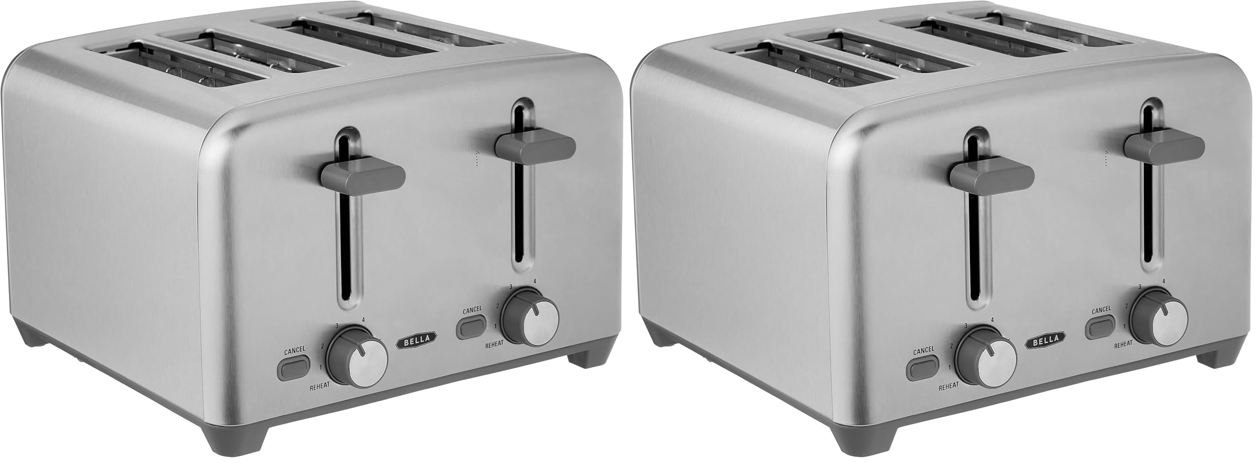 BELLA 4 Slice Toaster with Auto Shut Off - Extra Wide Slots and Removable Drop-Down Crumb Tray with Cancel and Reheat Function - For Texas Toast, Large Bread &amp; Bagel, Stainless Steel (Pack of 2)