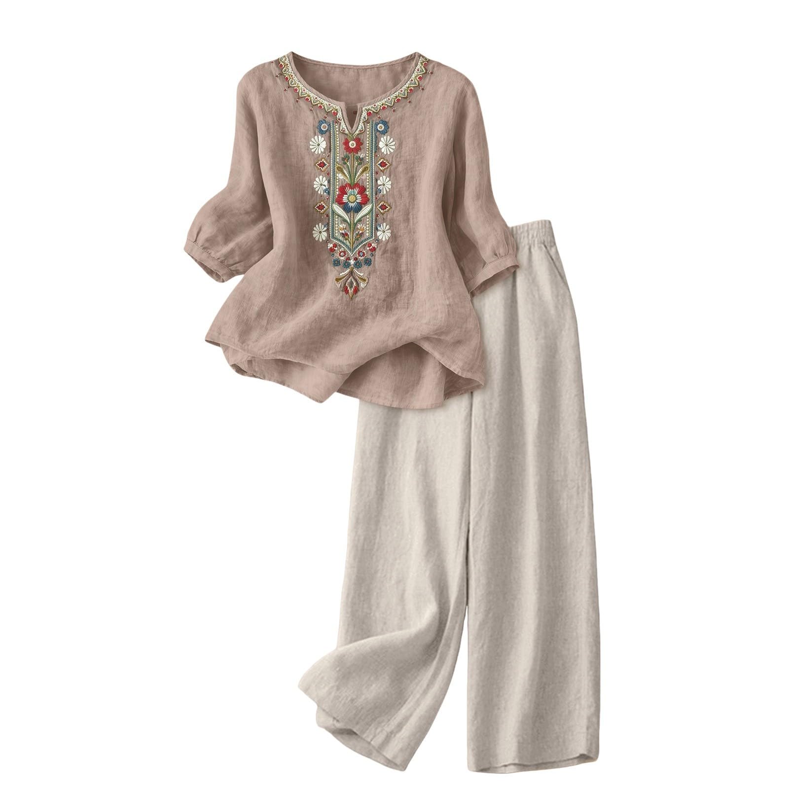 Conjunto Mujer Vestir Dos Piezas, 2026 2 Piezas Talla Grande Conjunto de Verano Otoño Algodón y Lino Camiseta de Manga 3/4 y Pantalones Ancho Suelto Oficina Casual Traje Color Sólido Cómodo Set