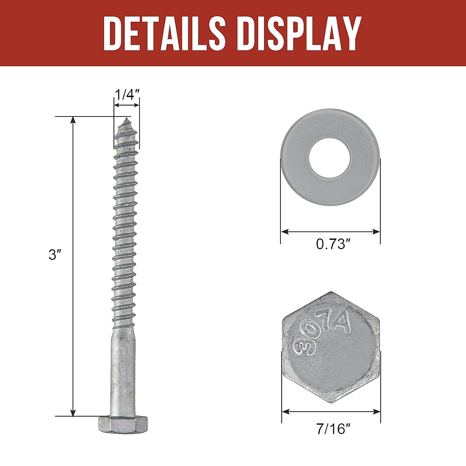 1/4" x 3" Lag Bolts (100 Pcs) Lag Screws for Wood, Hot Dip Galvanized, Hex Head with Washers