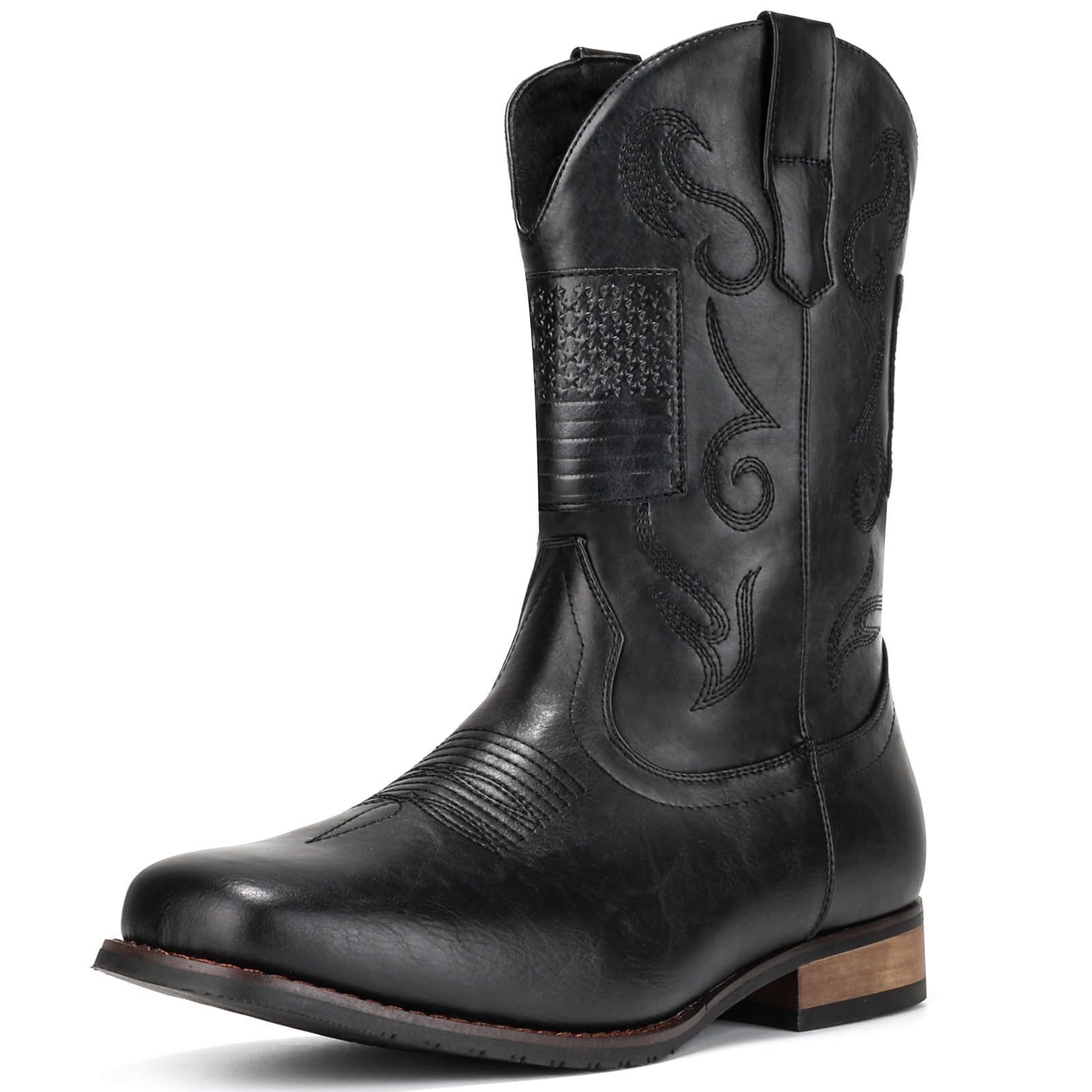 IUV Cowboy Boots For Men Western Boot Classic American Flag Embroidered Square Toe Mid-Calf Boots