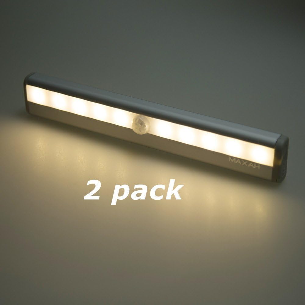 MAXAH 2 Pcs LED PIR Motion Sensor Light Bar USB Rechargeable Night Light for Closet Cabinet Cupboard Drawer Wardrobe Staircase with Magnetic Strip (USB Rechargeable, Warm white)