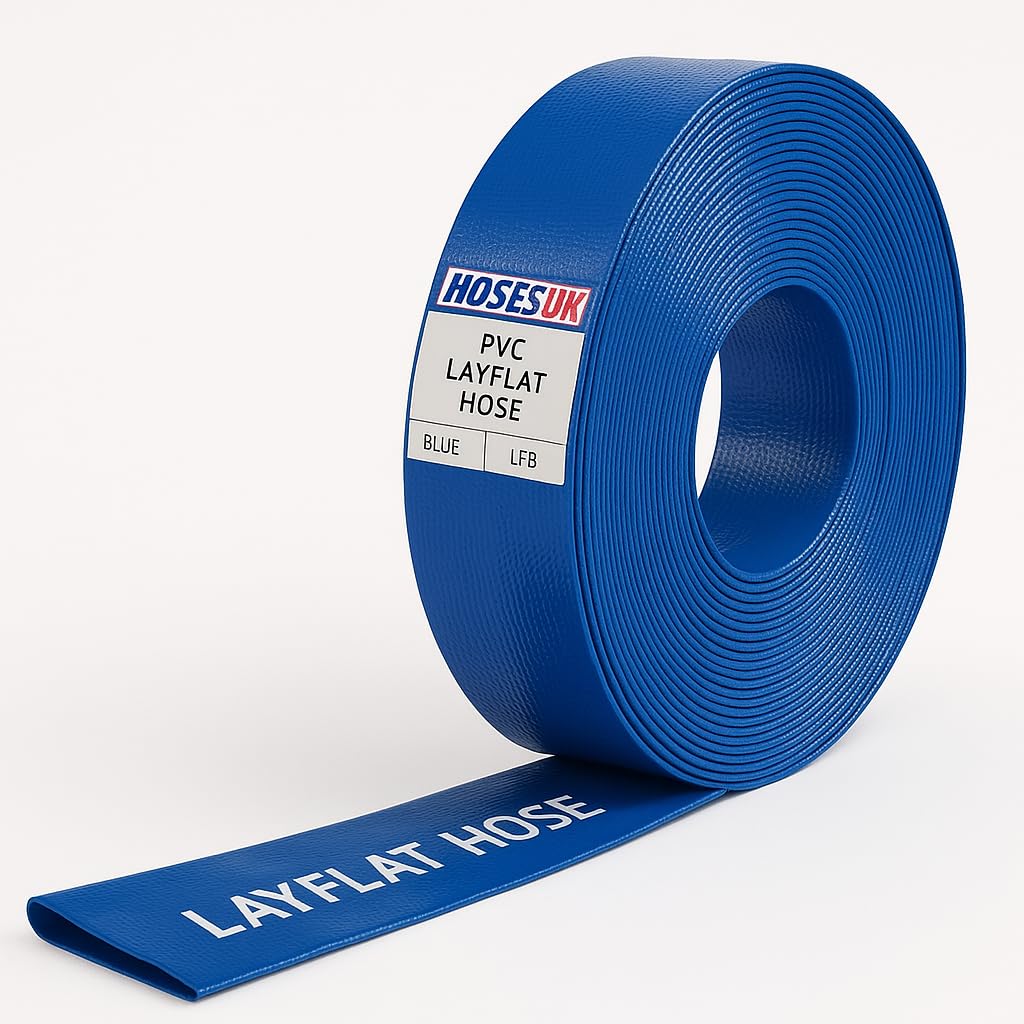 25 Metre (82.0ft) x 38mm (1½") Heavy Duty Layflat Water Discharge Hose – Reinforced PVC Flat Hose for Pumps, Irrigation, Pool Emptying & Drainage Blue