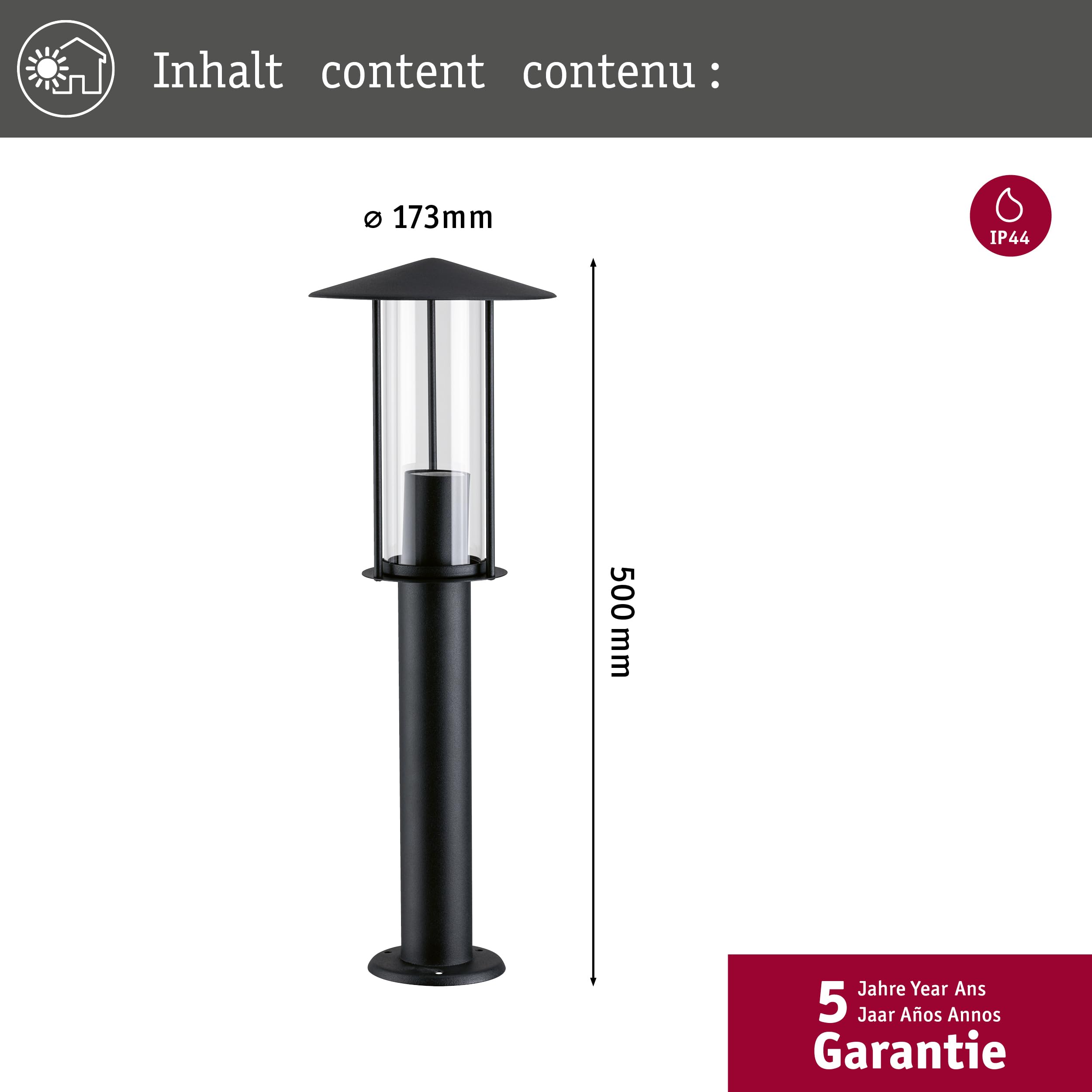 Paulmann LED Außenleuchte Pollerleuchte Classic IP44 500mm 2200K 4,3W 420lm 230V Schwarz E27 Metall