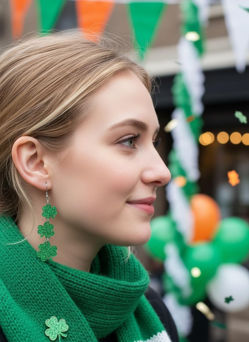 St Patricks Day Earrings for Women Sparkling Green Shamrock Clover Dangle Earring Irish Festival St Patricks Day Earrings Jewelry Outfits Accessories for Women - Image 5