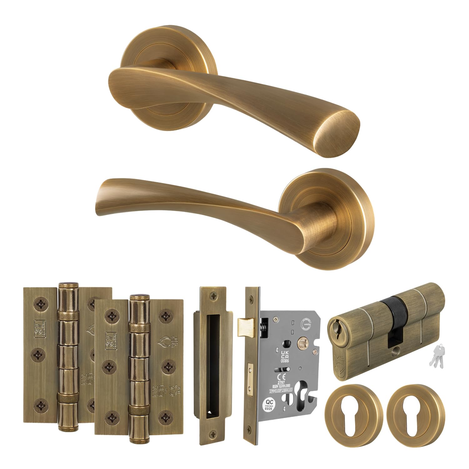 EAI Antique Brass Door Handle with Euro Lock Double Cylinder Kit, 1 Pair Internal Round Rose Door Handles, Locks, Hinges - Novoli Range โ image 1