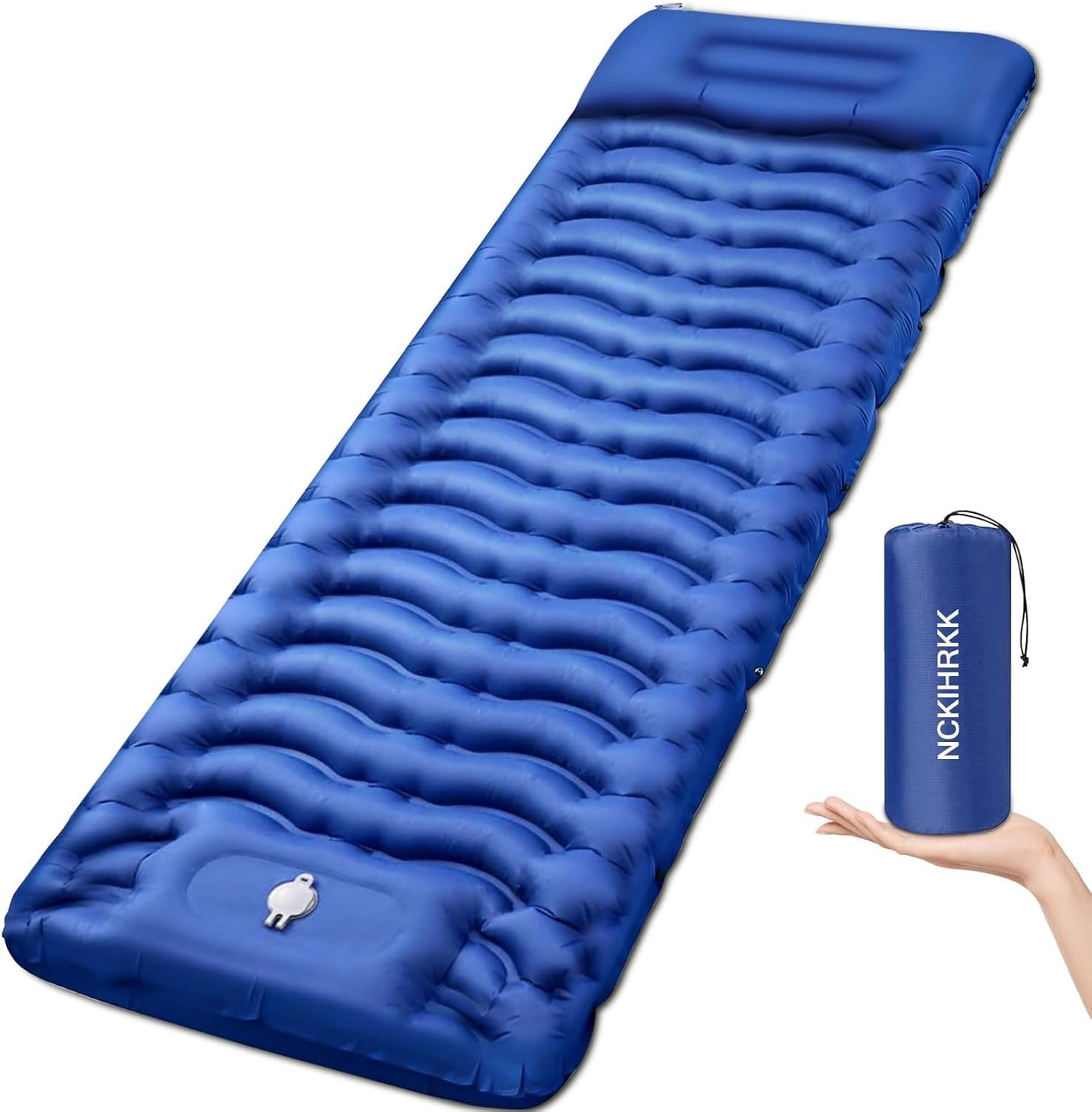 Matelas de Camping de 12 cm d'épaisseur, Ultraléger Matelas Gonflable Camping Pliable avec Oreiller & Pompe à Pied, Matelas Autogonflant Tapis de Camping pour Camping Tente Randonnée, Bleu - 1
