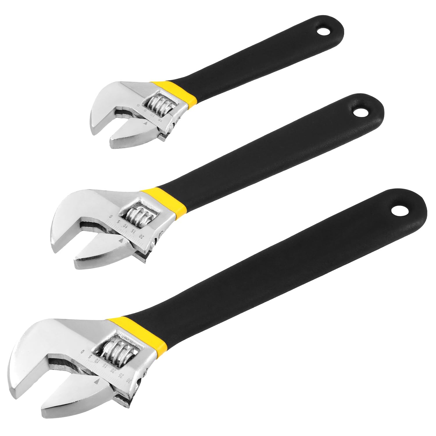 QWORK® Cléà Molette 3 Pièces - Tailles 150 mm, 200 mm, 250 mm - Grande Ouverture (20/25/30 mm) - Acier Allié, Échelle laser, Ergonomie Antidérapante