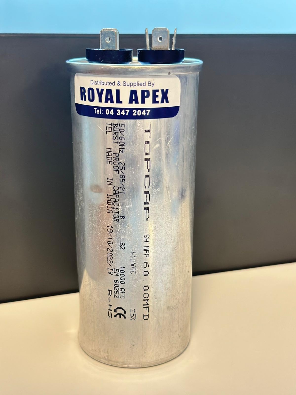 Royal Apex Burst Proof 2 Pin Round Capacitor with Aluminium Housing for AC, Motor Compressor etc | EN60252 CES2 RoHS Standards | Made in India (2 PIN 60MFD (60µF))