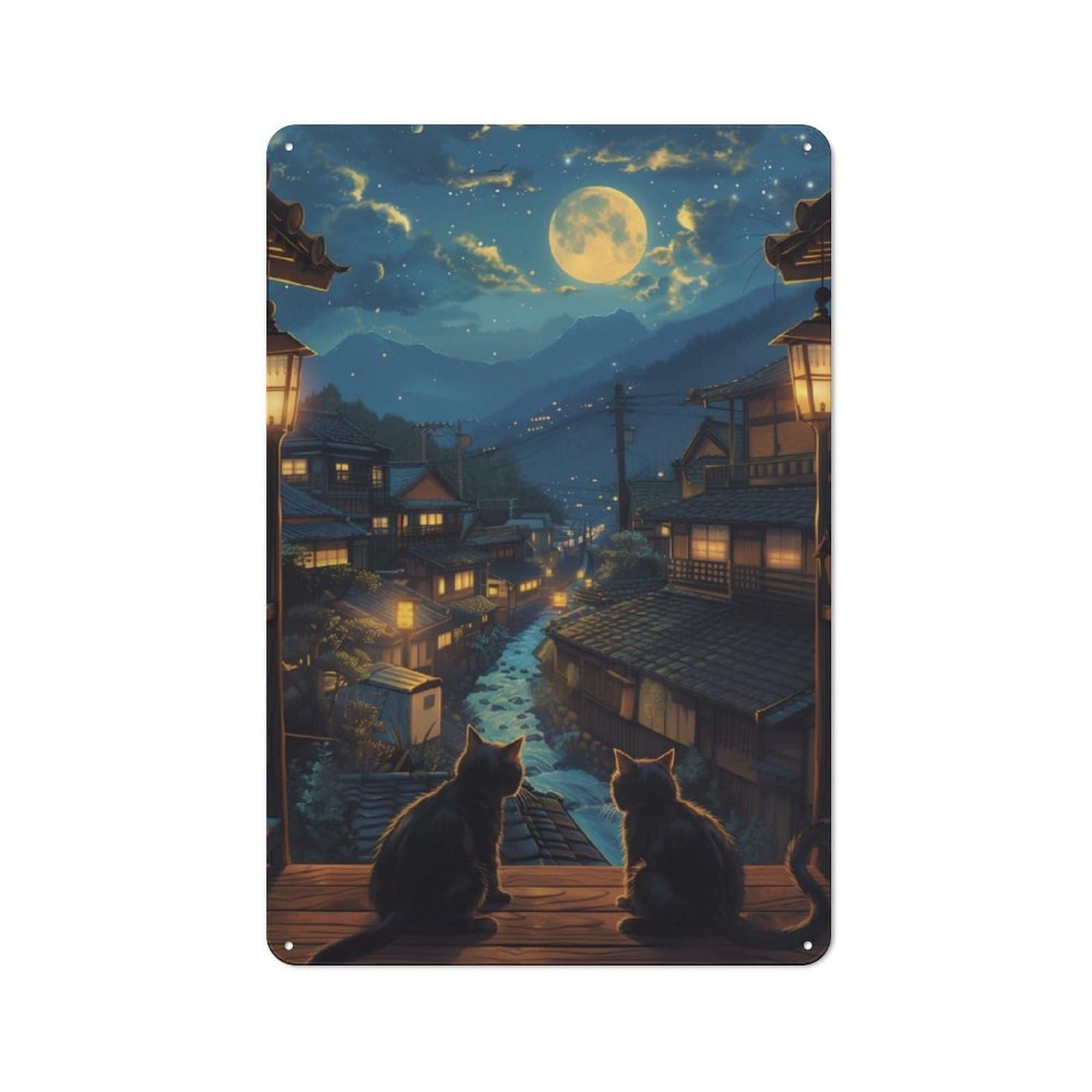 Junmoney Cat Moon-1 Metal Plaque 30X20cm With Cat Moon For Workshop Wall, Retro Decor, For Garage, Workshop And Man Cave Decoration