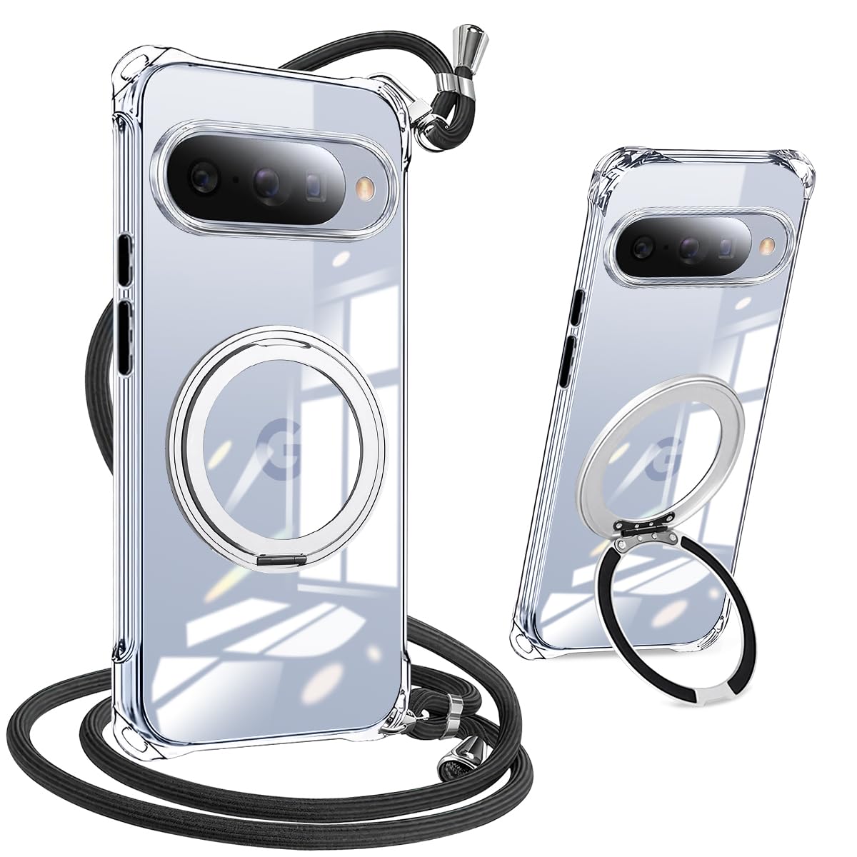 nahailun ケース Google Pixel 10/10 Pro 用の 軽量 ピクセル 10/10pro ケース クリア Pixel 10 Pro カバー ショルダー付き 耐衝撃ソフト TPU カバー ベーシック 肩掛け 斜めがけ 付き 調節可能なショルダー トーラスホルダ スタンド機能 120°反転 360°回転 全面保護 薄型 黄変しにくい (透明）