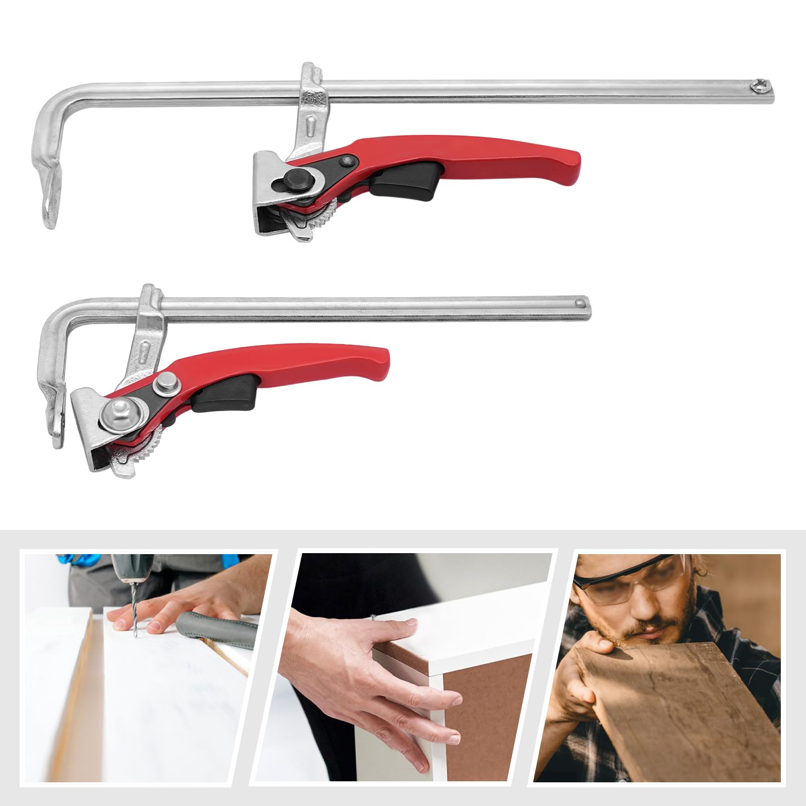 Zestaw 2 zacisków śrubowych z szybkozamykaczem, zaciskiem 180 kg i rozpiętością 20/30 cm, do prowadnic piły, prac drewnianych i metalowych (kolor czerwony)