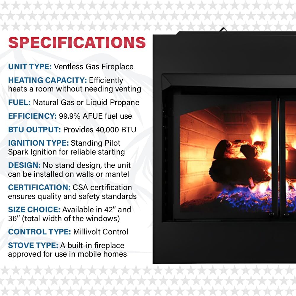 Buck Stove Model ZCBBXL 42" Fireplace Insert | 40,000 BTU Heating | Vent-Free Liquid Propane with Blower