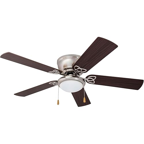 Prominence Home Benton Traditional 52 Inch Ceiling Fan with Light, LED Flush Mount Ceiling Fan, Indoor Fan with 5 Blades, Brown Walnut and Brown Maple Blade Finish Options, Brushed Nickel (51428-01)