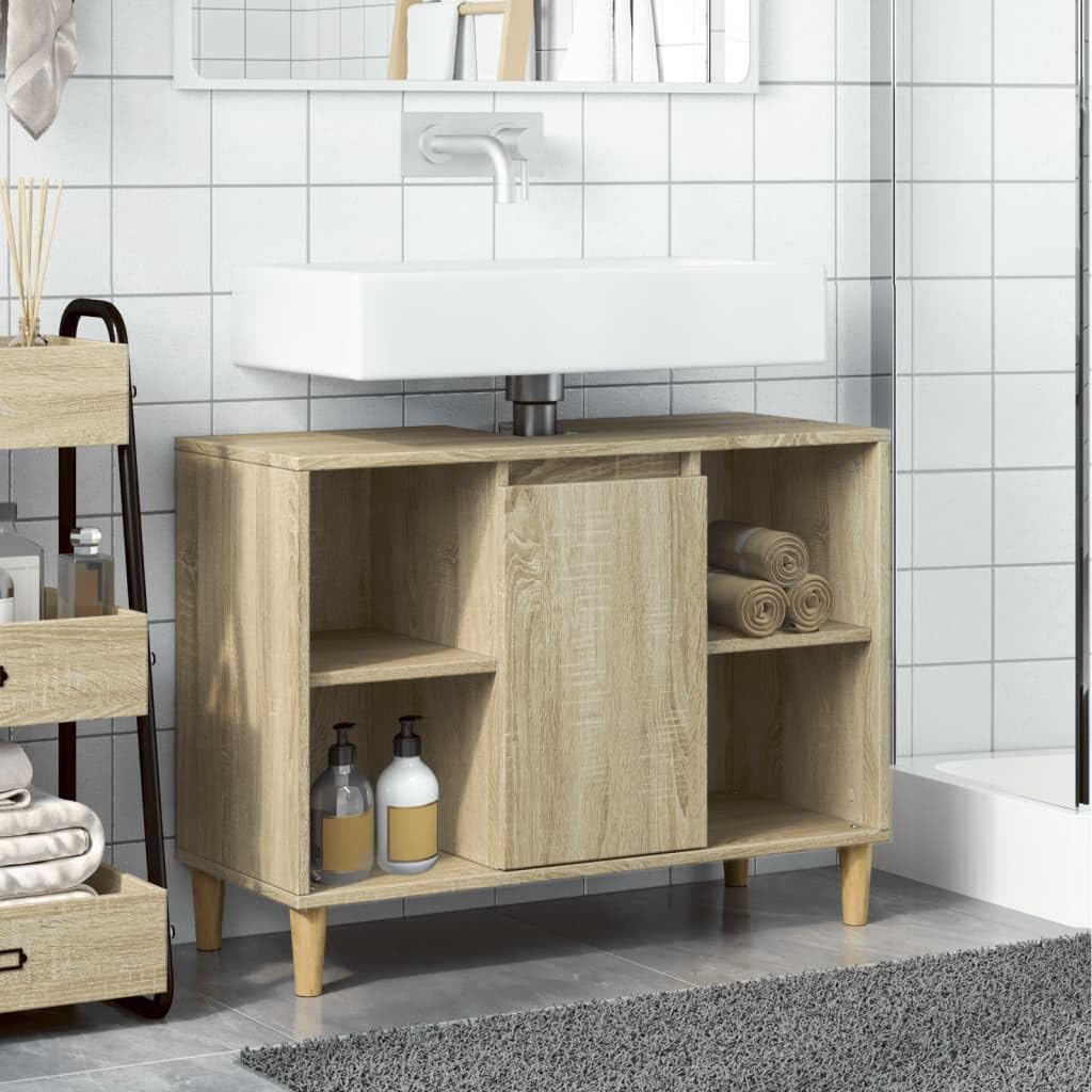Sonoma - Mueble de baño de roble de 80 x 33 x 60 cm, diseño moderno con 4 compartimentos y puerta para pequeños baños y aseos