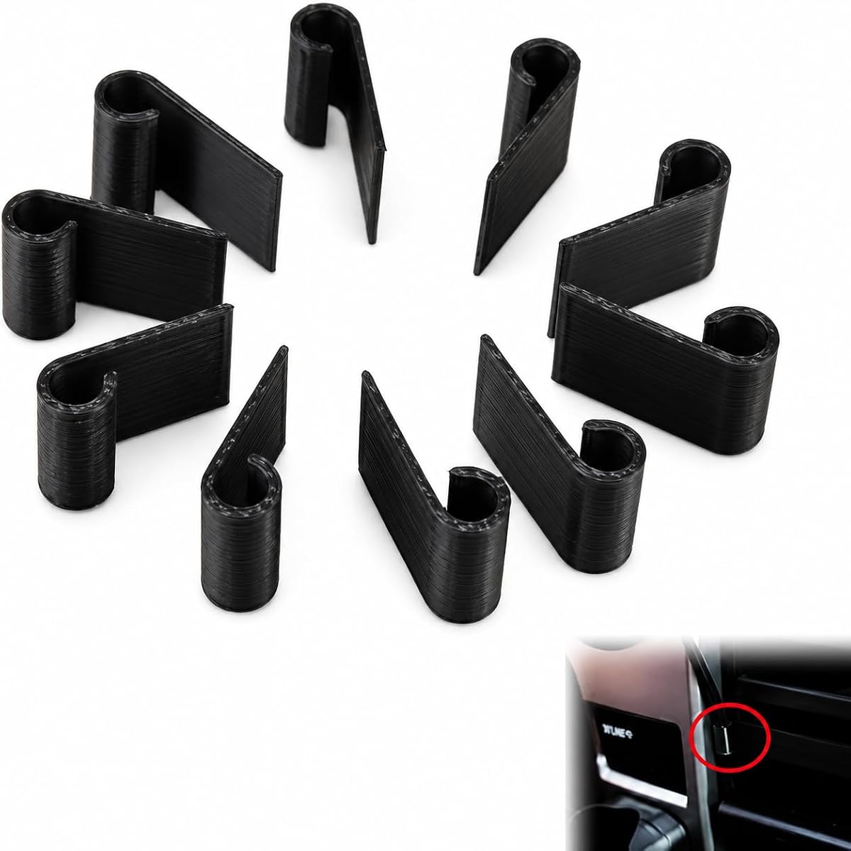 Car Trim Cable Clips 10 Pack for Vehicle Interior Cable Management | Plastic trim-mounted clips, tool-free installation, organizes phone charger and dash cam cables for a clean vehicle interior
