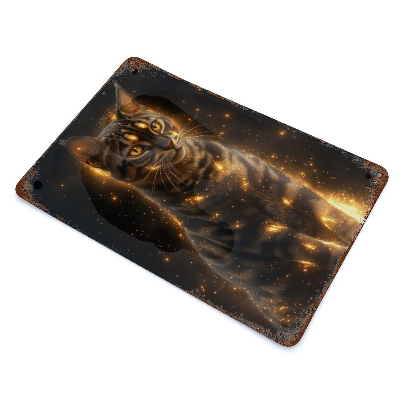 Distressed Metal Wall Sign Golden Glow Bengal Cat - Mystical Feline Art - Enchanted Cat Portrait 11.8"x7.9", Vintage Wall Decor for Garage, Bar And Workshop Decor