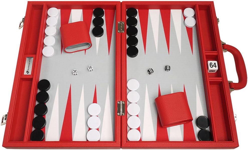 16-inch Premium Backgammon Game Set - Red Board - Grey Field - White and Red Points