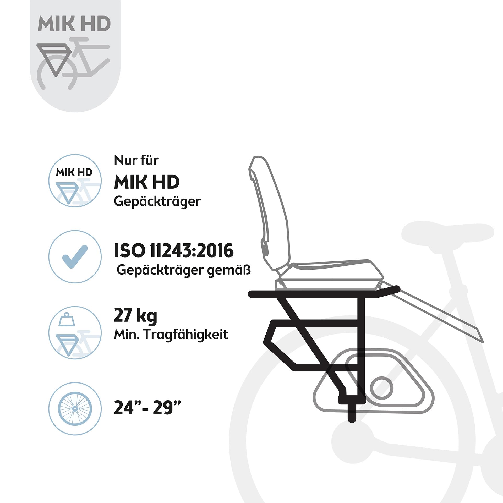 BOBIKE 8011900001 - Fahrradkindersitz Hinten MIK-HD für Gepäckträger One Junior, Für Kinder ab 6 Jahren bis 27 kg, Ergonomisch, Sicher, Faltbar, Schwarz