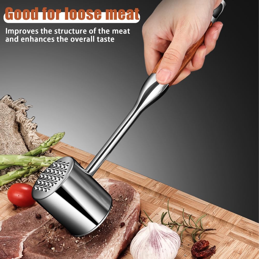 Meat Tenderizer Mallet, 304 Stainless Steel Dual-Sided Heavy Duty Meat Hammer with Comfortable Rosewood Handle for Steak Chicken Fish Maximize Food Flavor