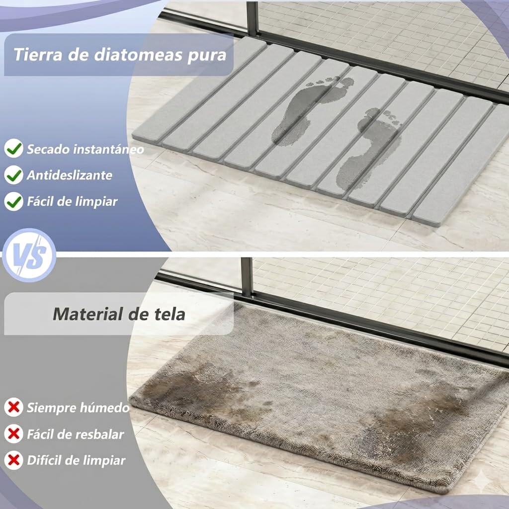 Tapis de douche en diatomite de bain, 60 x 40 cm, pliable, en pierre naturelle Terre de diatomée antidérapante, séchage rapide, ultra absorbant, antibactérien (gris clair)