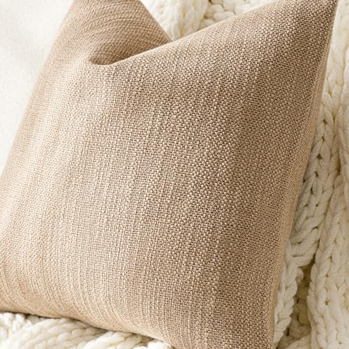 Image of Foindtower Set of 2 Decorative Textured Burlap Linen Throw Pillow Covers Farmhouse Boho Cushion Cover Solid Accent Pillowcase for Couch Sofa Bed Living Room Home Decor,18x18 Inch,Khaki Camel