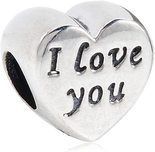 Abalorio con dije de corazón de plata de ley 925 con texto en inglés "I Love You" para pulsera Pandora, Plata esterlina, plata de ley