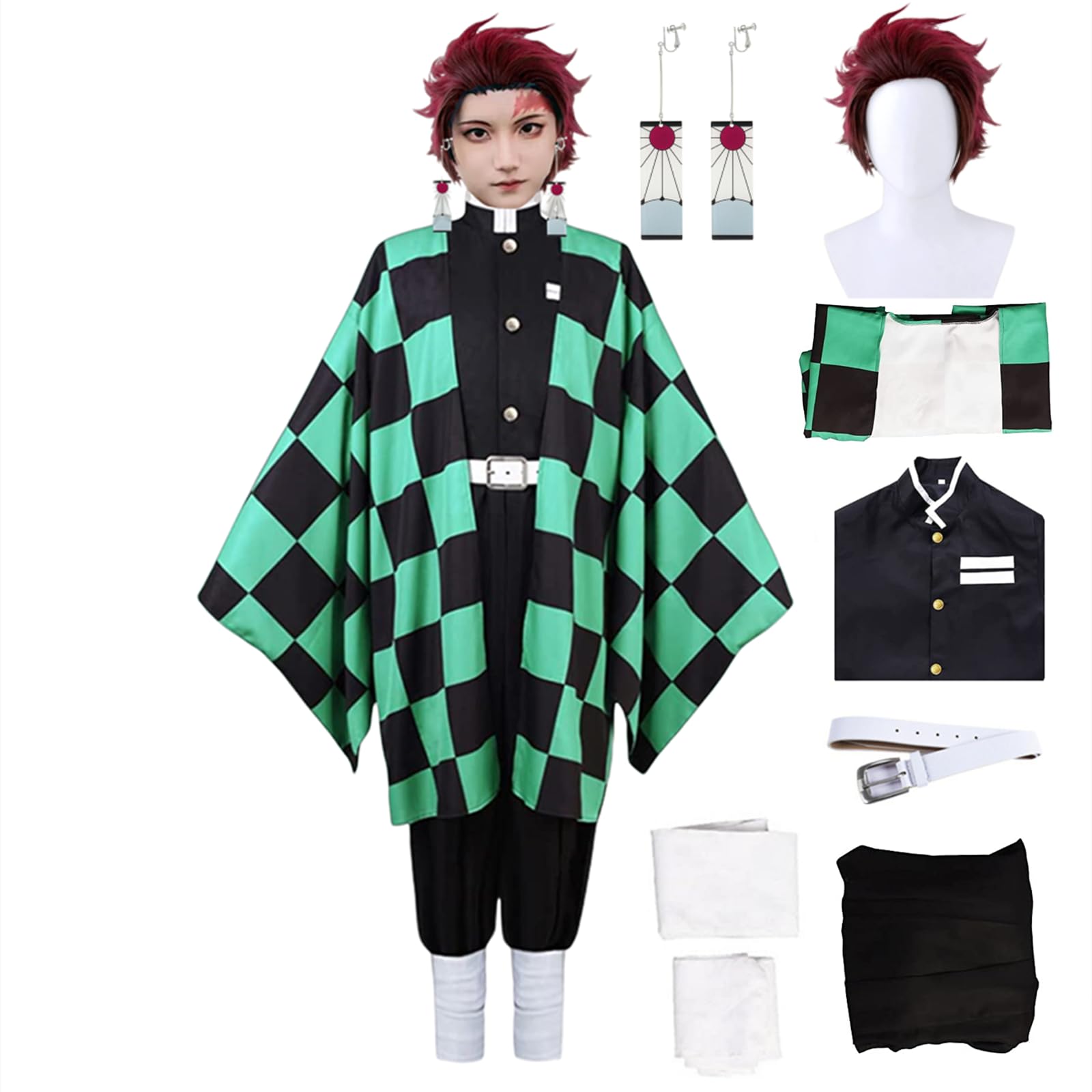 Buyoem Tanjiro Cosplay Costumes Anime Kimono Halloween Cosplay Cloak Kimono Outfit With Earring