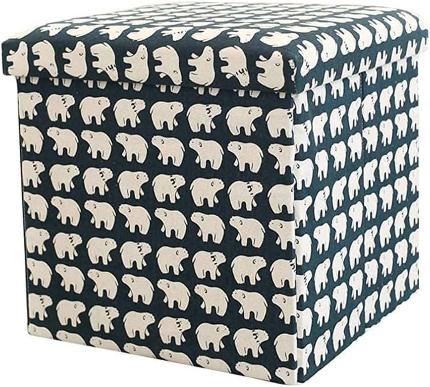 Pouf repose-pieds cube avec rangement pliable gain de place en coton et lin motif ours