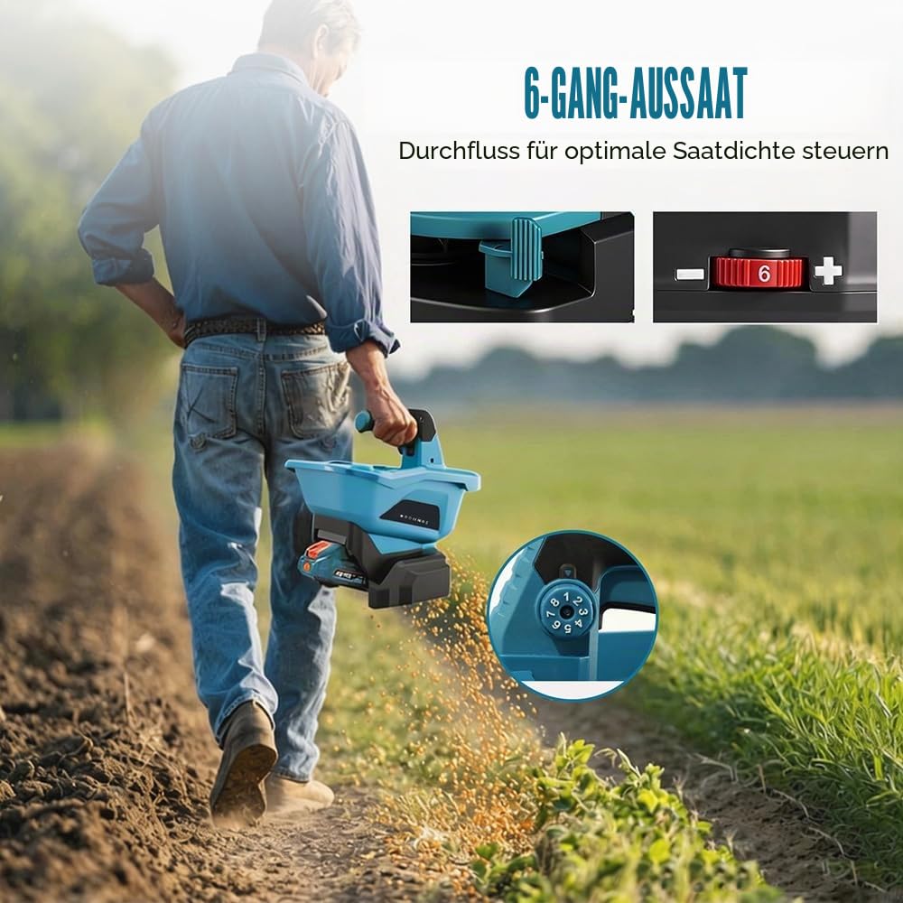 Kabelloser Saatgutstreuer für Makita 18 V Akku (ohne Batterie), Handdüngerstreuer, 6 Geschwindigkeitsstufen, 3,3 l batteriebetriebener Düngerstreuer für Grassamen, Dünger, Salz und Splitt