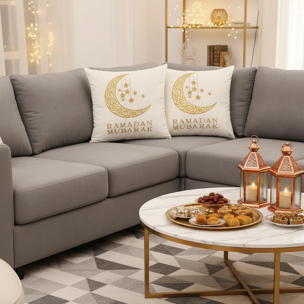 Ramadan Pillow Covers 18x18 inch Set of 2 Beige and Gold Velvet Throw Pillow Covers Ramadan Eid Mubarak Cushion Covers Moon and Star Decorations for Home Couch Sofa Outdoor