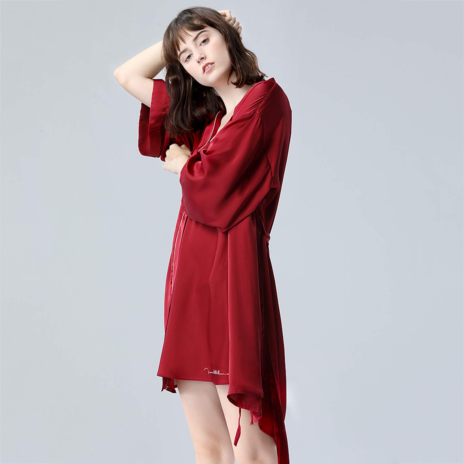 Conjunto De Vestido De Mujer, Lujoso Albornoz De Satén con Cinturón, Pijama De Verano Transpirable, Elegante Regalo De Boda, Rojo Vino L