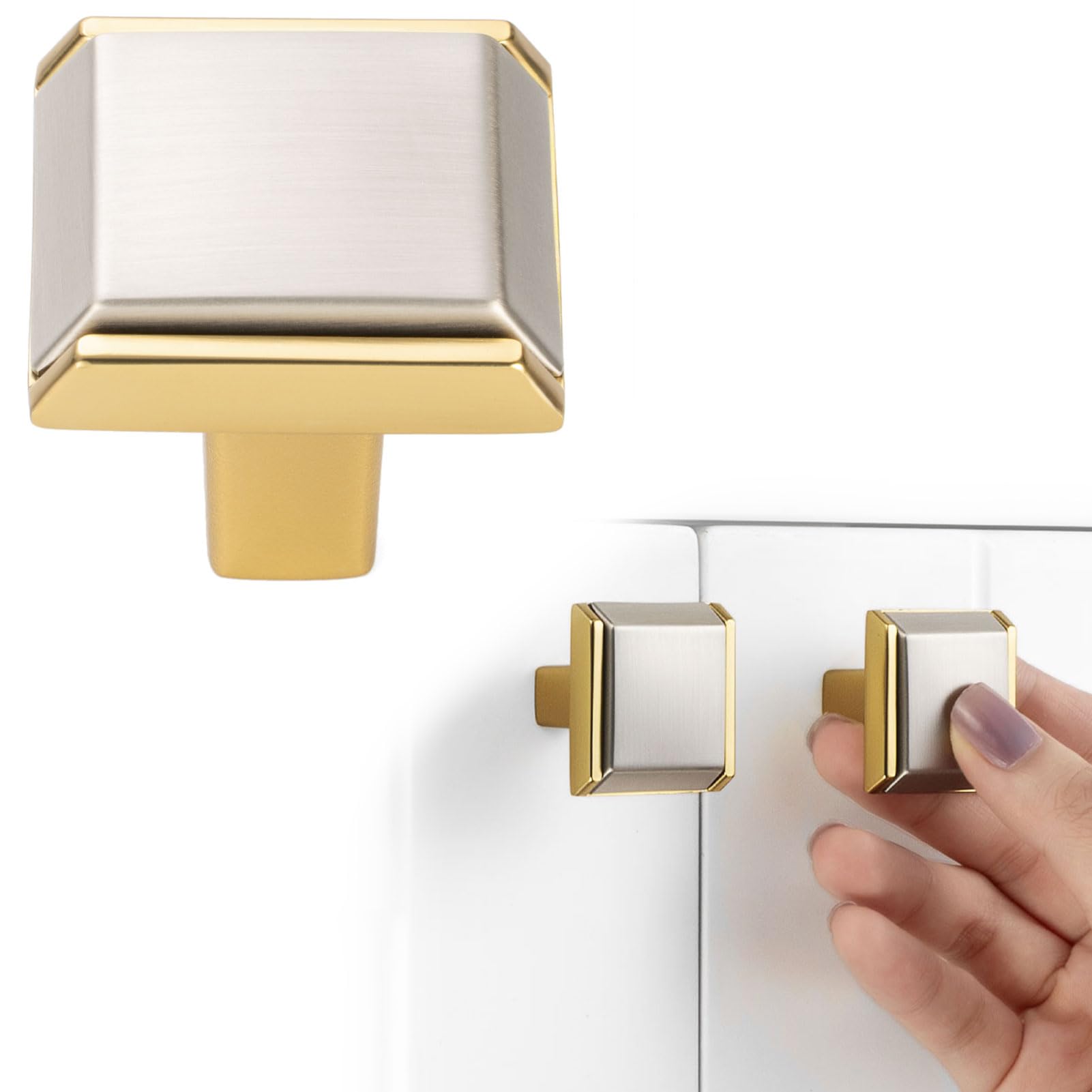 BEROSSA Nickel and Gold Cabinet Knobs Brushed Nickel and Gold Drawer Knobs, 10 Pack 1-1/4 Inch, 2281 Square Single Hole Cabinet Pulls for Kitchen