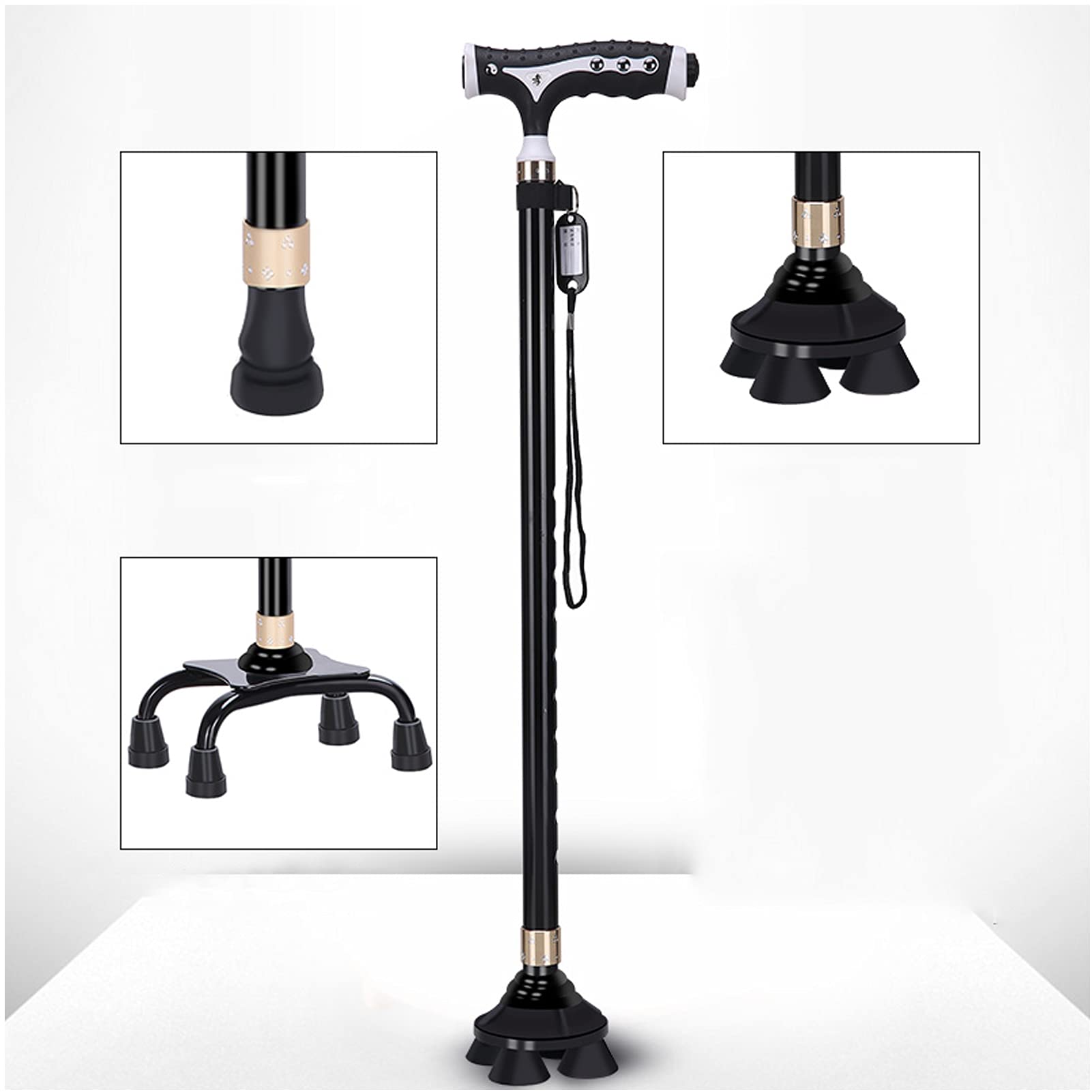 Bastón/Muletas Bastones Ligeros de Fibra de Carbono con luz LED Ajustable 10 Niveles de Altura Ajustables para Hombres Mayores o Mujeres Bastón discapacitado con 4 Patas 3 Bases Intercambiables