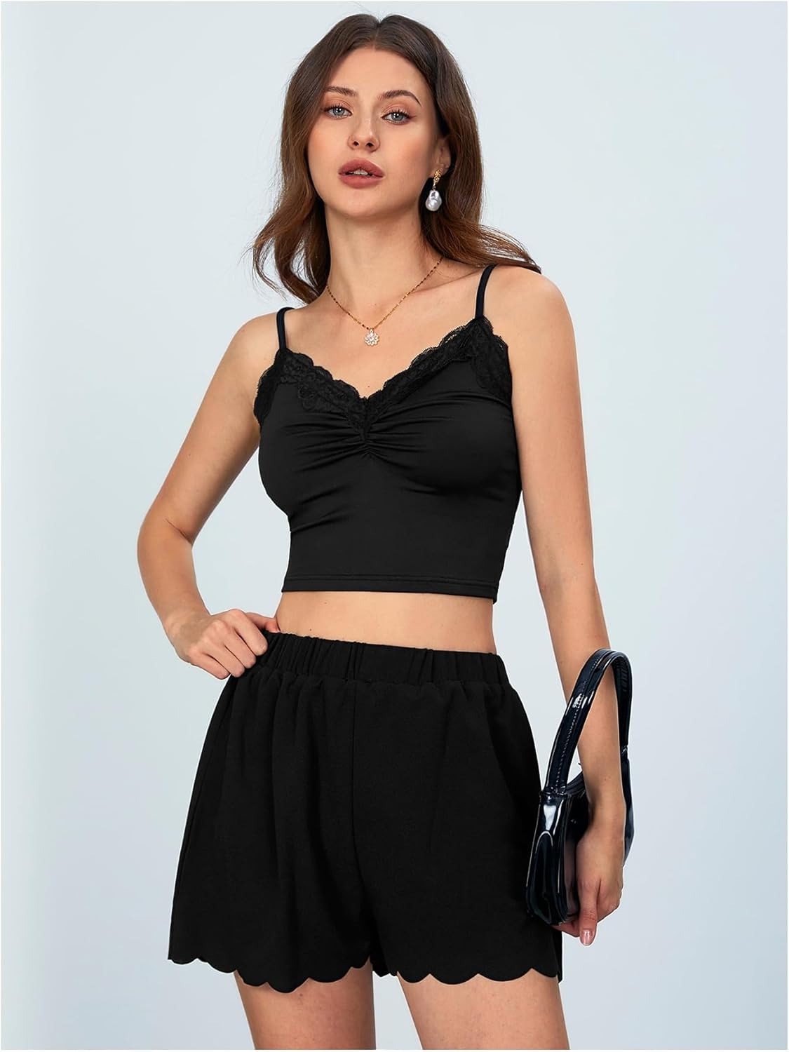 Women's Scallop Trim Elastic High Waisted Shorts Straight Leg Casual Summer Shorts - Image 3