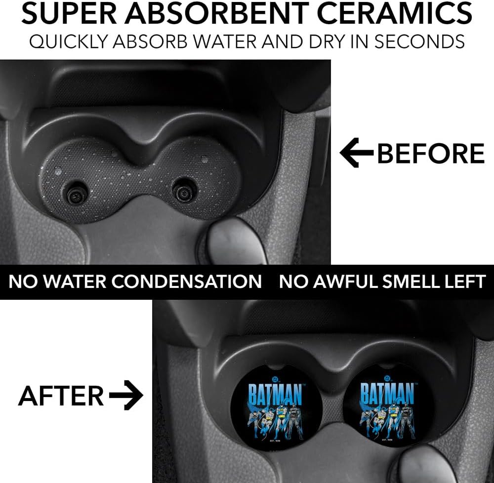 GRAPHICS & MORE Batman Across the Years Line Up Car Coasters, Pack of 2, 2.5" Ceramic Stone, Drink Coaster for Cup Holders with Finger Notch - Image 3