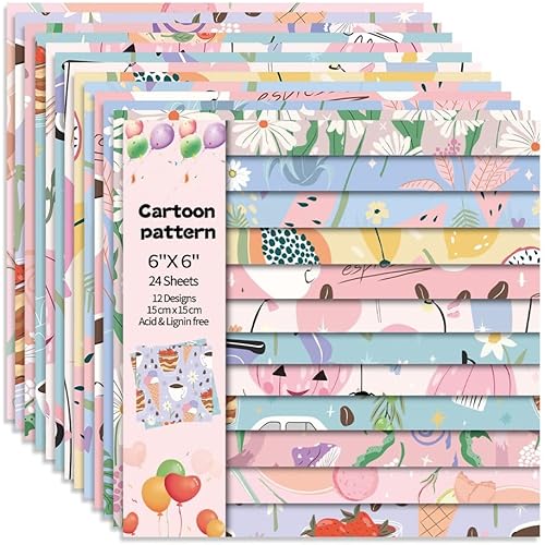 6x6" 160gsm Cardstock Single Sided Scrapbooking 24 Papers Pad Vintage Decoupage Scrapbook Kit Patterned Paper Junk Journal Supplies Journaling Supply Scrap Paper Crafting. Cartoon