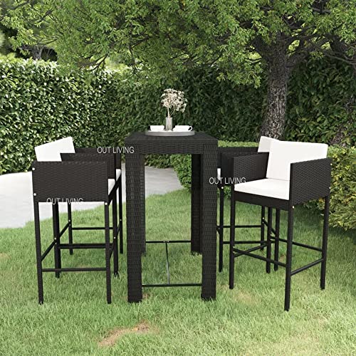 Image of OUTLIVING Rattan Wicker Outdoor Bar Patio Table with 4 Cushion Chairs Set for Home Graden Balcony 4 Seater Bar Patio Furniture (Black)