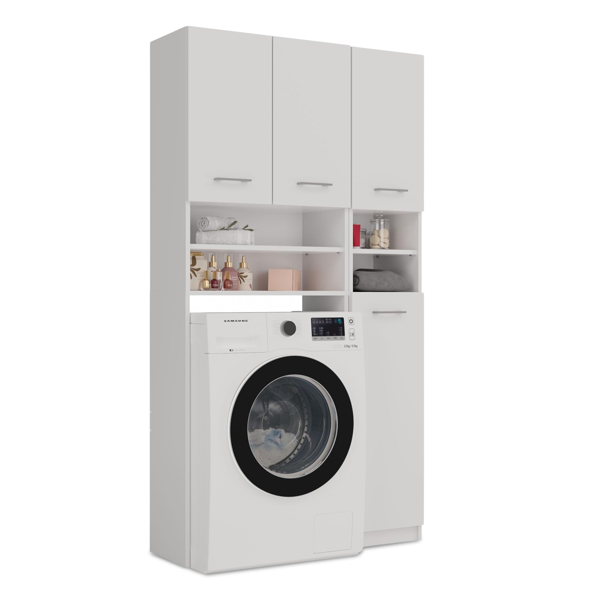 WHATSIZE ENTERPRISE – Marpol - White Wide Washing Machine Storage Surround – Wooden Laundry Cupboard with Shelves - Organise Essentials & Detergents- Furniture to Complement Modern Décor
