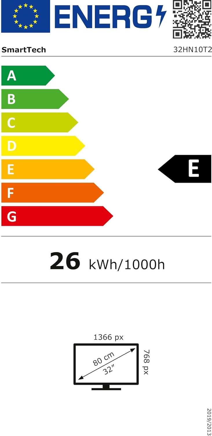Energy efficiency label for SMART TECH 32HN10T2 television, showing class E and 26 kWh/1000h consumption.