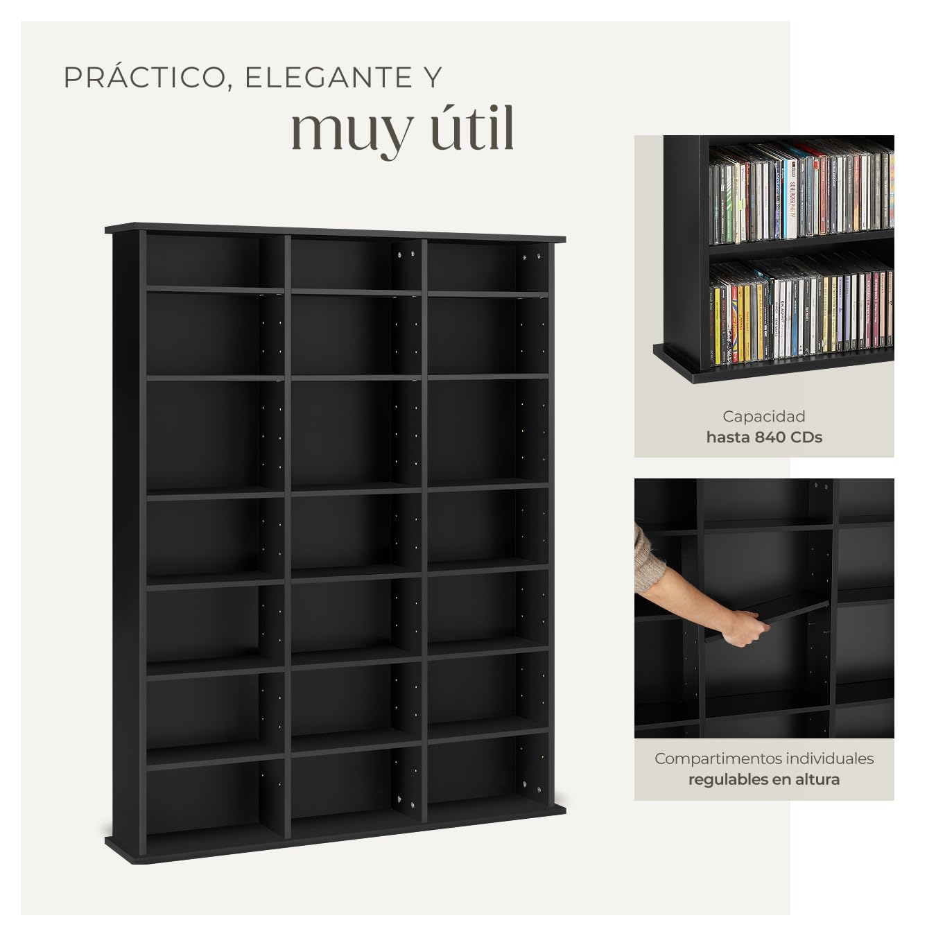 tectake® Estantería Pared con Efecto Madera, 21 Compartimentos, Estantes Ajustables en Altura y Extraíbles, Estantería Libros y Cds, Elegante Mueble Almacenaje, Superficie Resistente - Negro