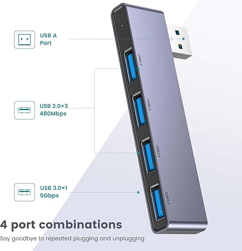 Miniatura 6 de Concentrador USB (1 derecho y 1 izquierdo), concentrador USB Fidioto de 4 puertos (1 puerto 3.0, 3 puertos 2.0) divisor USB expansor USB para