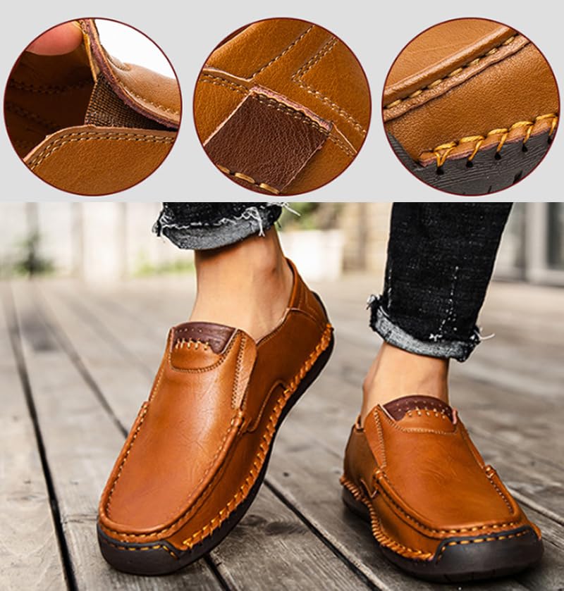 Men's Handmade Leather Comfortable Slip On Loafers, Business Casual Moccasin Dress Shoes Men Classic Lightweight Non-Slip Flats Driving Walking Shoes for Office Work4