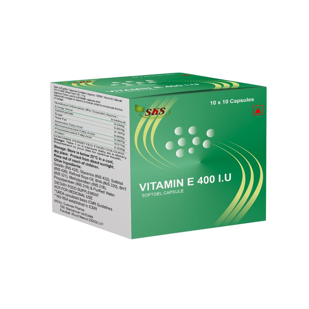 SKS 400 I.U Vitamin E Capsules for Face and Hair | 100% Natural Supplement with E Oil | Paraben Free - 100 Capsules