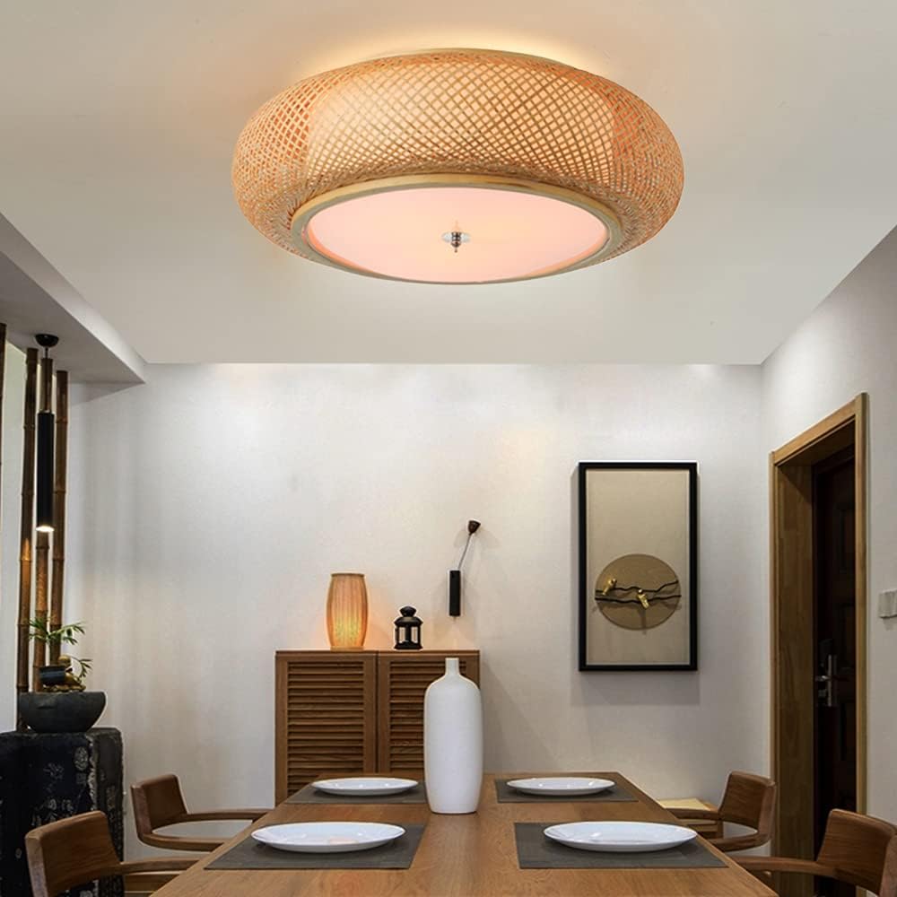 Get Discount Offer KWOKING Lighting Handmade Flush Mount Ceiling Light Creative Bamboo Ceiling Lighting fixtures Rattan Lantern Light 3 Lights Vintage Hanging Light for Living Room, Restaurant, Bedroom 23.62inch