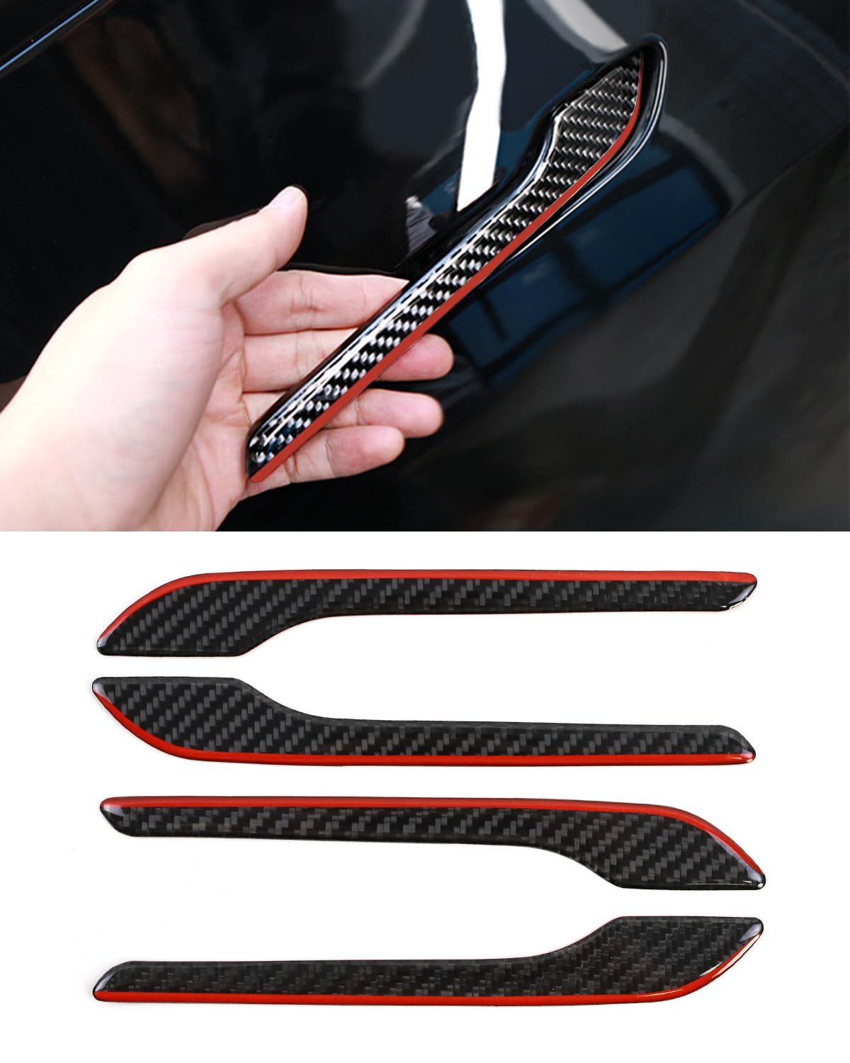 KKTR-CAR Door Handle Cover, Real Glossy Carbon Fiber Door Handle Trim Protector Set Compatible with Tesla Model y/Model 3 2017-2025 Black and red with