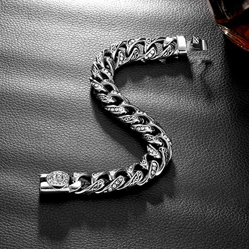 Rowin&Co Mens Cuban Link Bracelet Retro Punk Rock 316L Stainless Steel Wrist Miami Curb Chain With Cz Diamond Skull Clasp, 8.3/9.5 Inch #TOP5