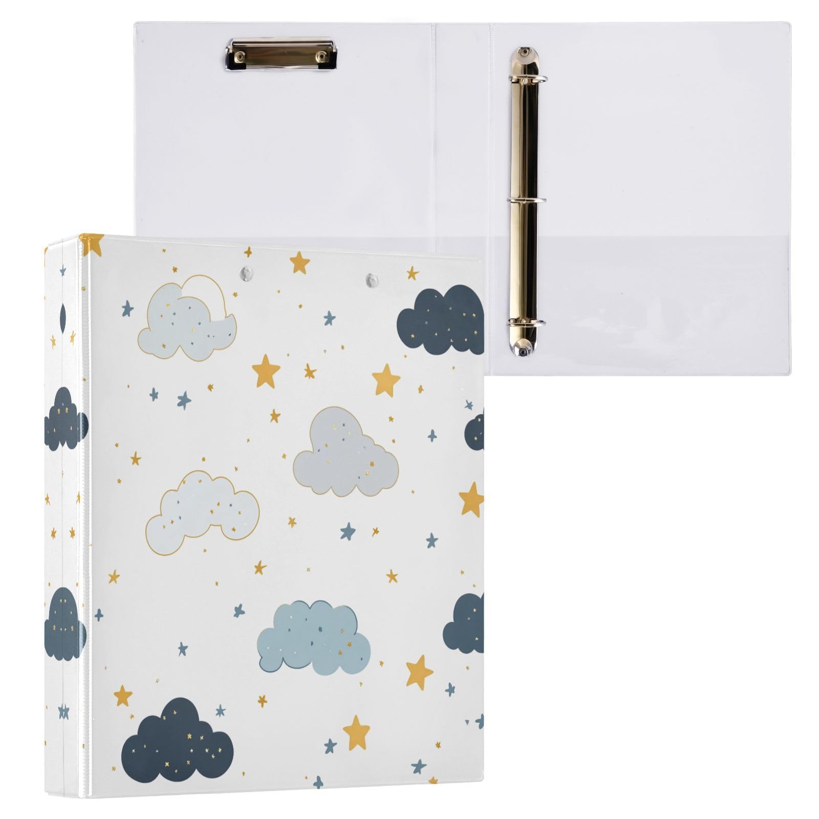 Raccoglitore ad anelli con 3 anelli, 3,8 cm, motivo stelle e nuvole, con clip in metallo, formato A4, organizer per casa e ufficio, confezione da 2