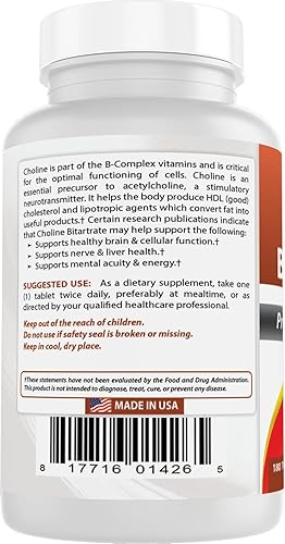 Miniatura 7 de Best Naturals Bitartrato de colina 650 mg (no OGM) para la función cerebral cognitiva saludable 180 tabletas