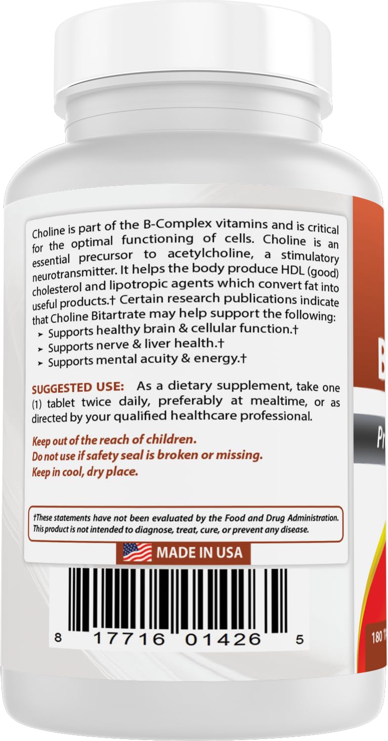 Best Naturals Choline Bitartrate 650 mg (Non-GMO) for Healthy Cognitive Brain Function 180 Tablets — Amazon image 7