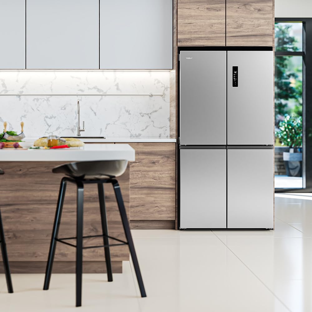 Réfrigérateur Américain Cecotec 4 Portes 474L - Inox, Total No Frost, Compresseur Inverter Plus, Ultra Silencieux 35dB